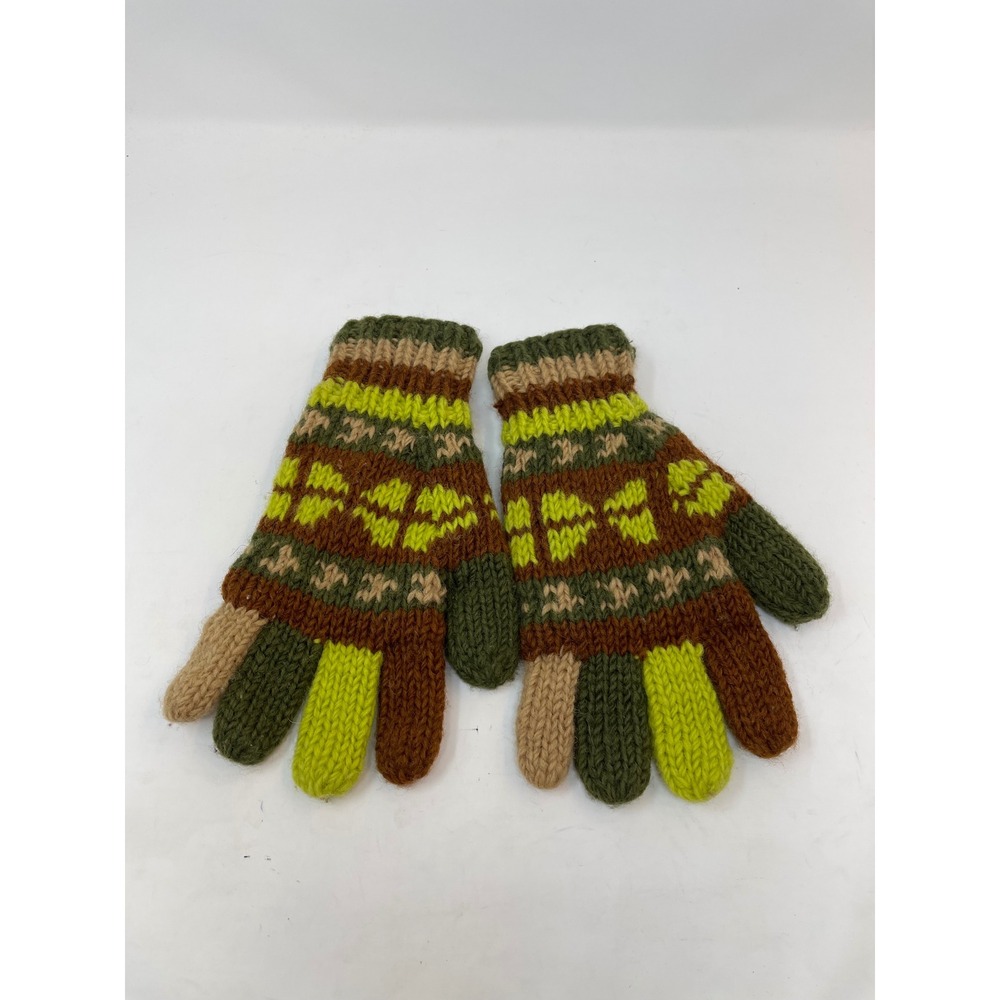 Lakhay's Adventure 100% Wool Gloves Unisex OS Green Brown Great Fair Isle Knit